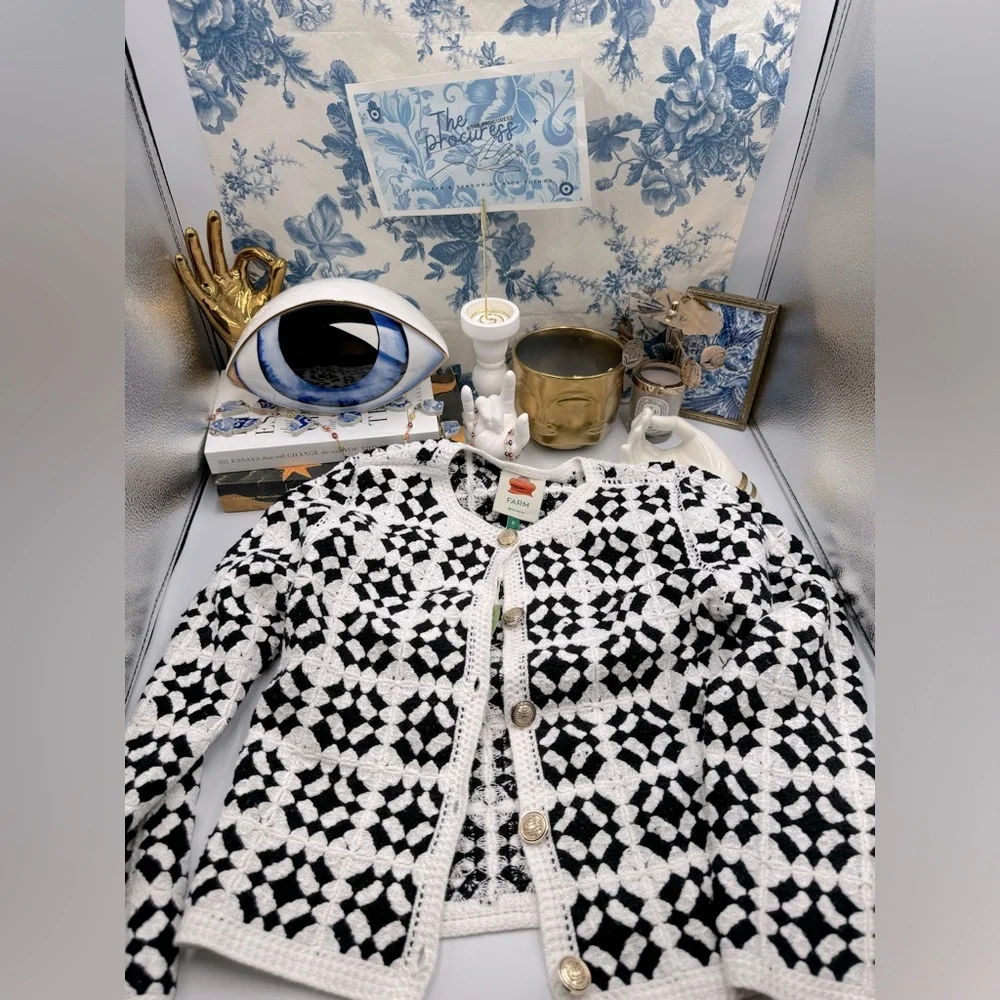 🆕 FARM Rio 🧿 NWT Patch Crochet Black & White Monochrome Button Up Jacket, Sz S - Picture 2 of 16